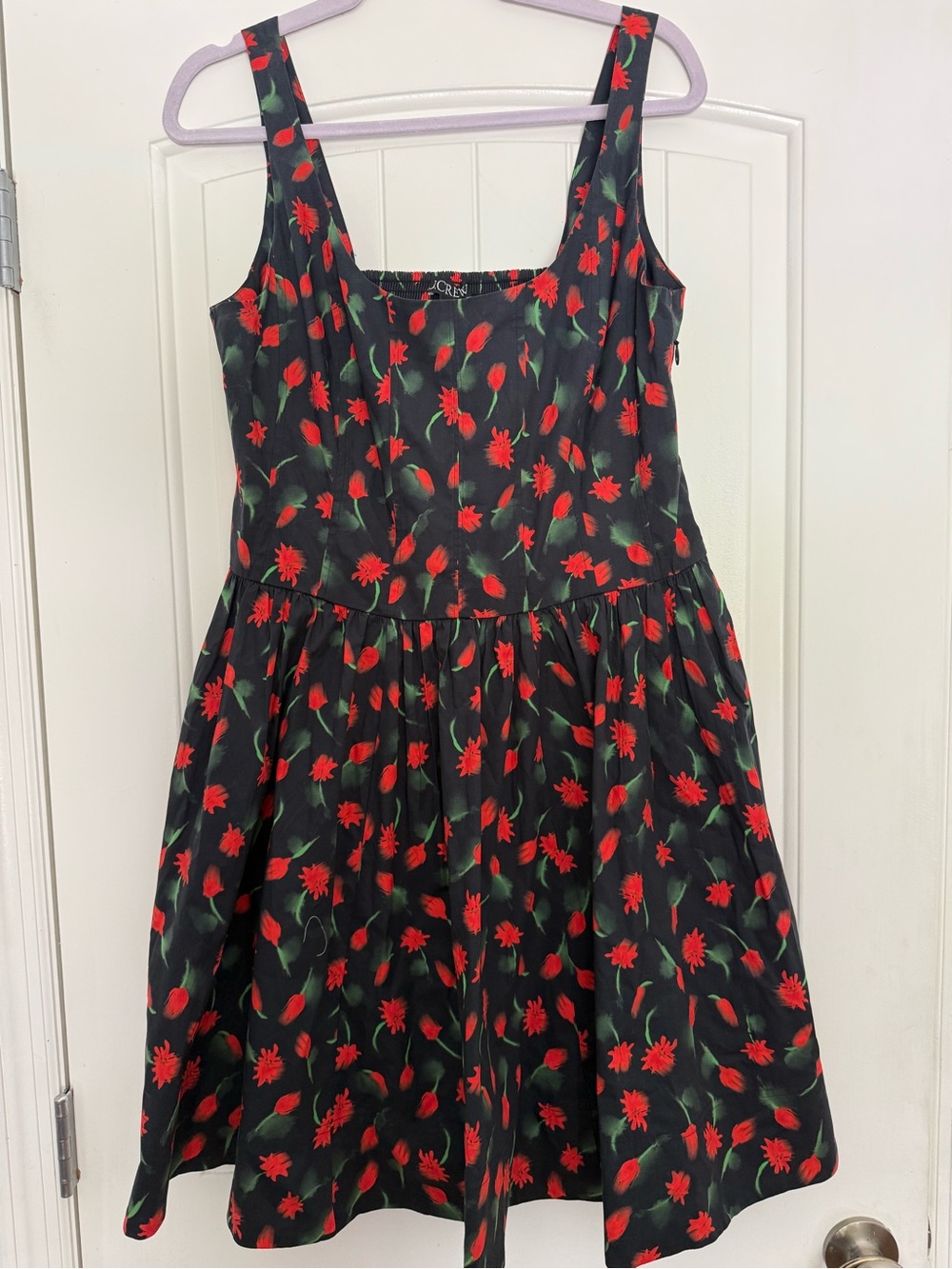 Beautiful fit-n-flare JCrew Black Sundress with Red Floral Daisy Print.